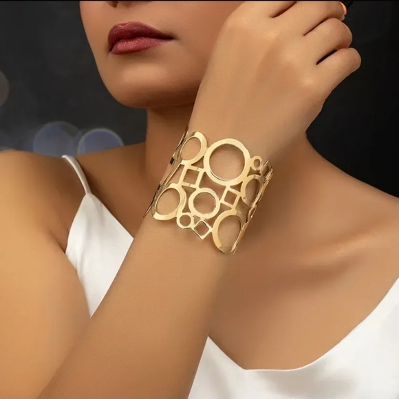 Cuff Bracelet 14K Gold Plated Art Deco Geometric Design - Picture 1 of 8